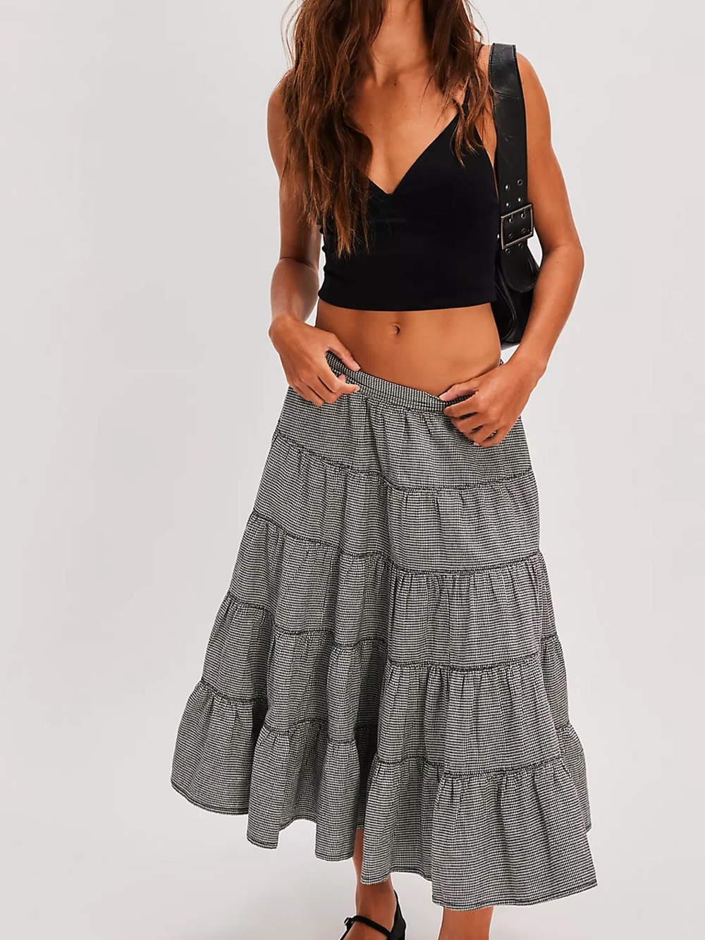 Free People In Full Swing Gingham Midi Skirt 100% Cotton Black & White Small